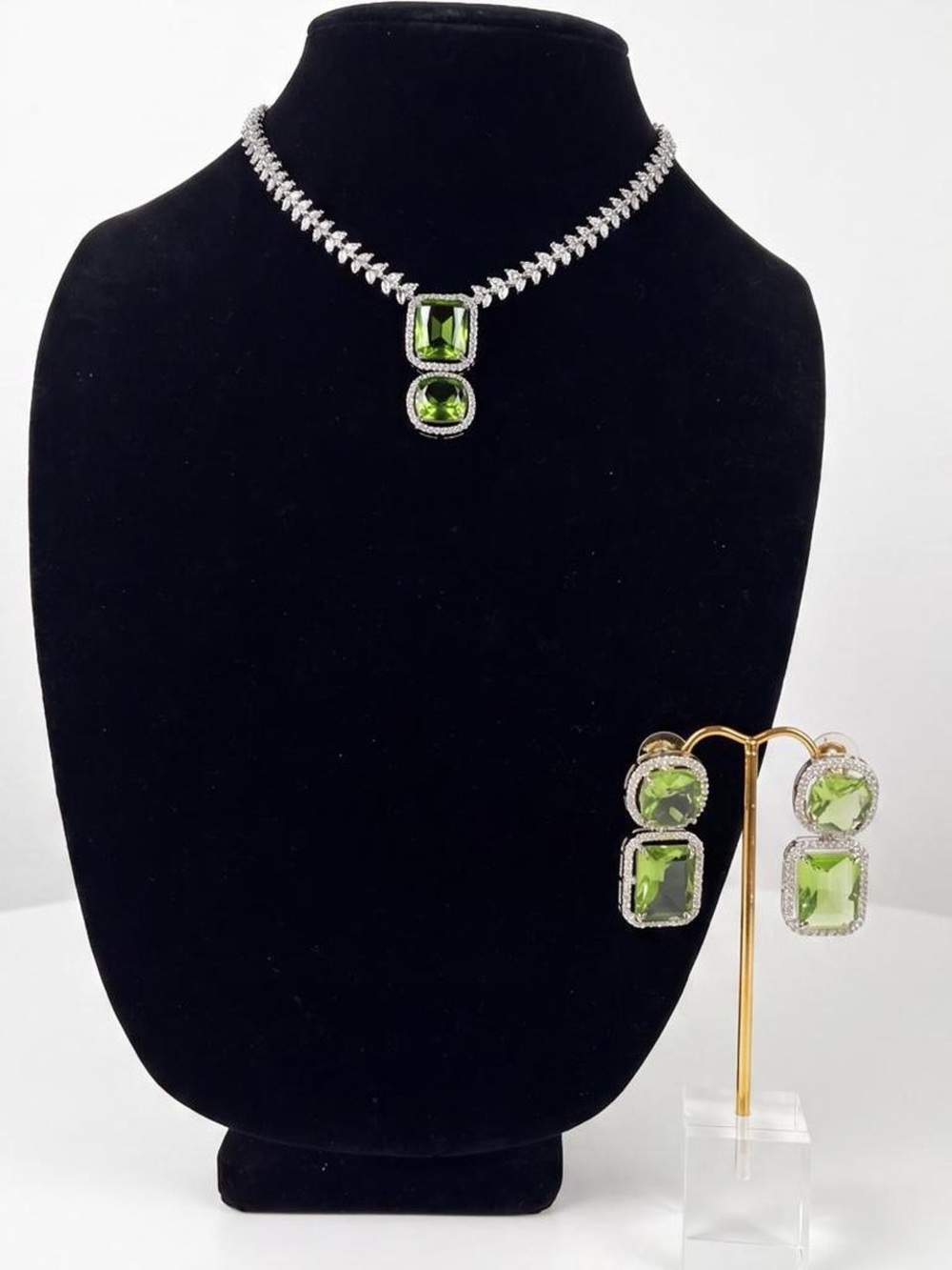 Sterling Silver Green Crystal Necklace and Earrings Set